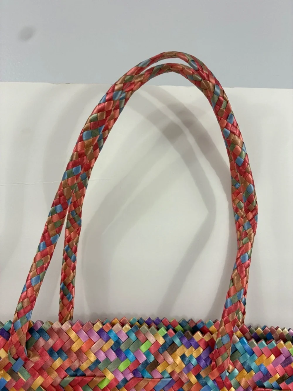 Rainbow Woven Straw Tote Braided Handle Lightweight Ombre Gradient Vibrant Bag